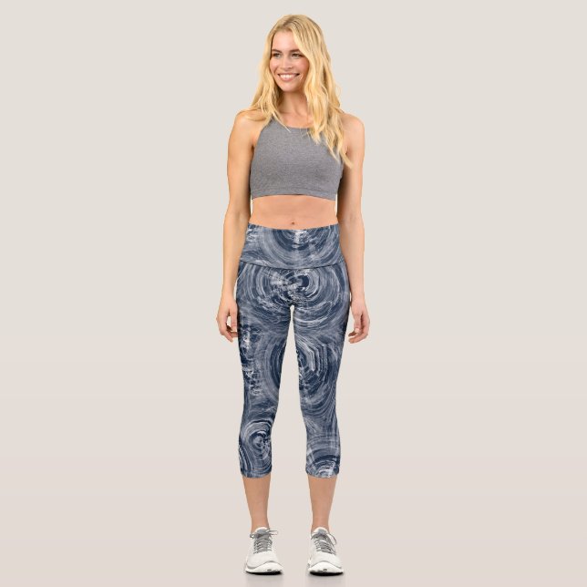 Dark blue and pretty swirling batik  capri leggings (Front)