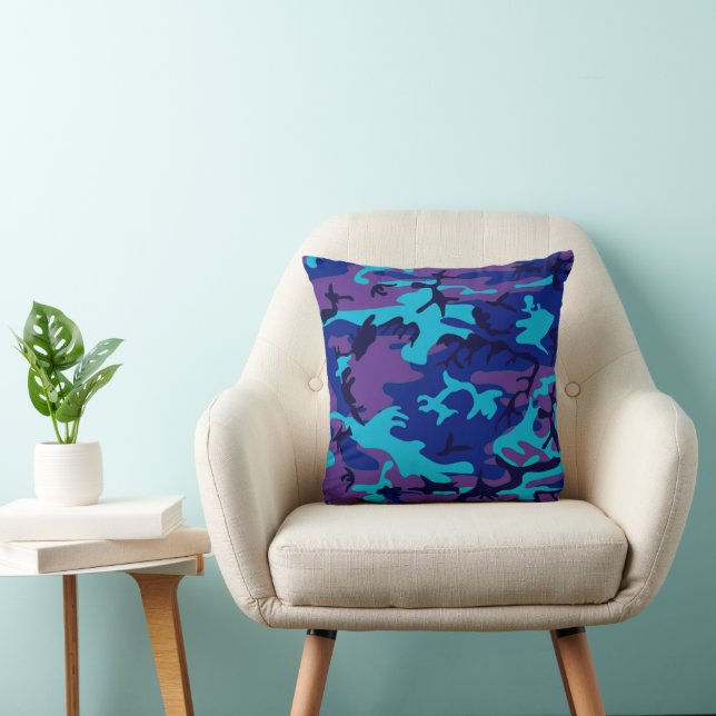 Dark Blue and Purple Camouflage Square Throw Pillow (Chair)