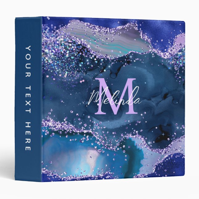 Dark Blue and Purple Glitter Ocean Agate 3 Ring Binder (Front/Spine)