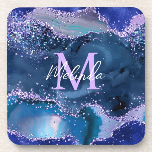 Dark Blue and Purple Glitter Ocean Agate Beverage Coaster