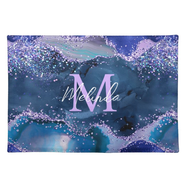Dark Blue and Purple Glitter Ocean Agate Cloth Placemat (Front)
