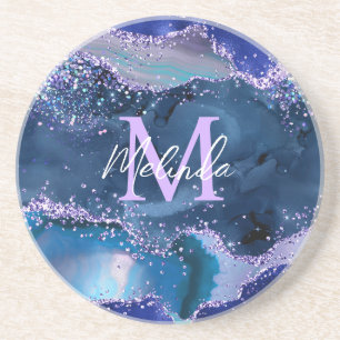 Dark Blue and Purple Glitter Ocean Agate Coaster
