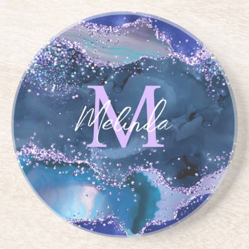 Dark Blue and Purple Glitter Ocean Agate Coaster
