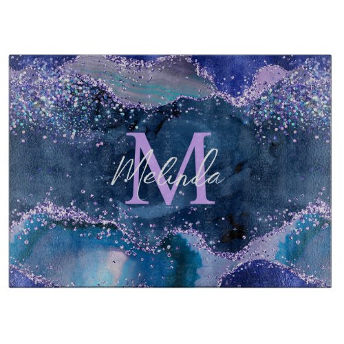 Dark Blue and Purple Glitter Ocean Agate Cutting Board
