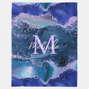 Dark Blue and Purple Glitter Ocean Agate Fleece Blanket