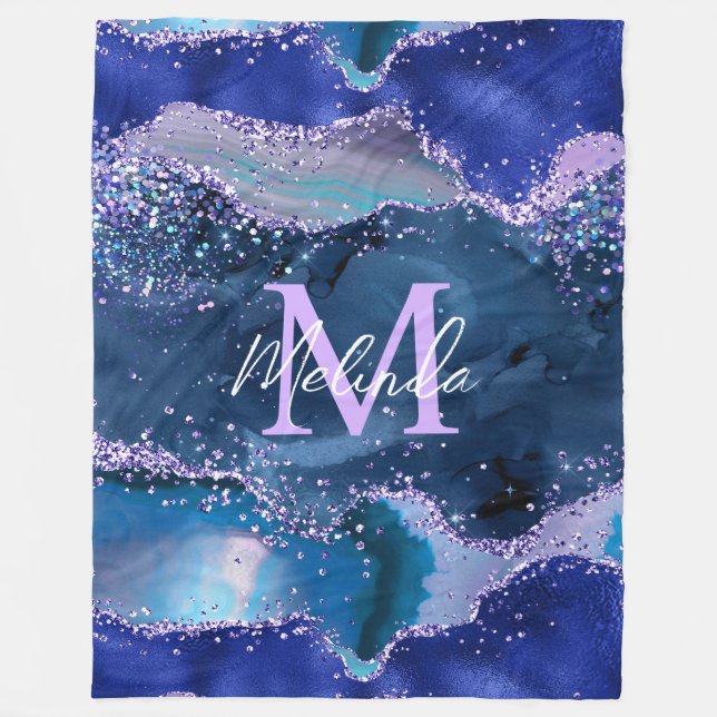 Dark Blue and Purple Glitter Ocean Agate Fleece Blanket (Front)