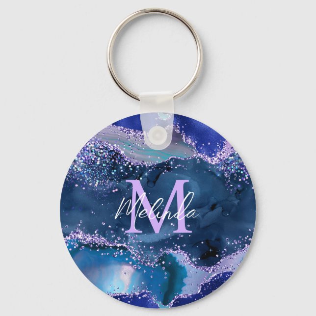 Dark Blue and Purple Glitter Ocean Agate Keychain (Front)