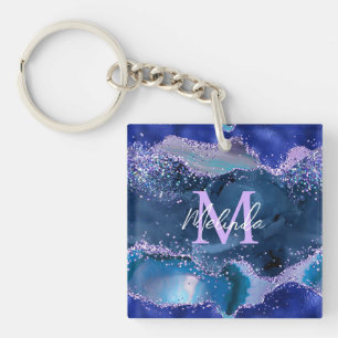 Dark Blue and Purple Glitter Ocean Agate Keychain