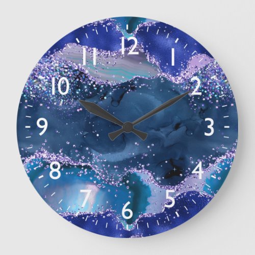 Dark Blue and Purple Glitter Ocean Agate Large Clock