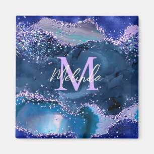 Dark Blue and Purple Glitter Ocean Agate Magnet