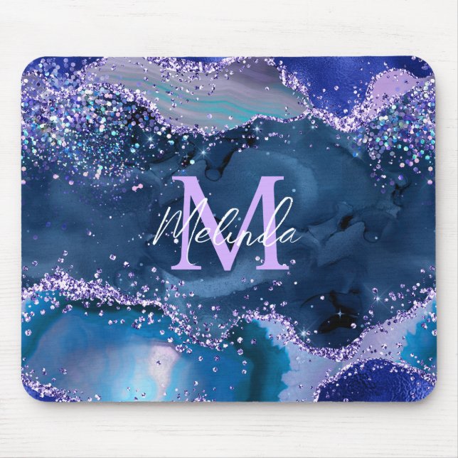 Dark Blue and Purple Glitter Ocean Agate Mouse Pad (Front)