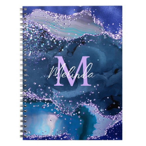 Dark Blue and Purple Glitter Ocean Agate Notebook