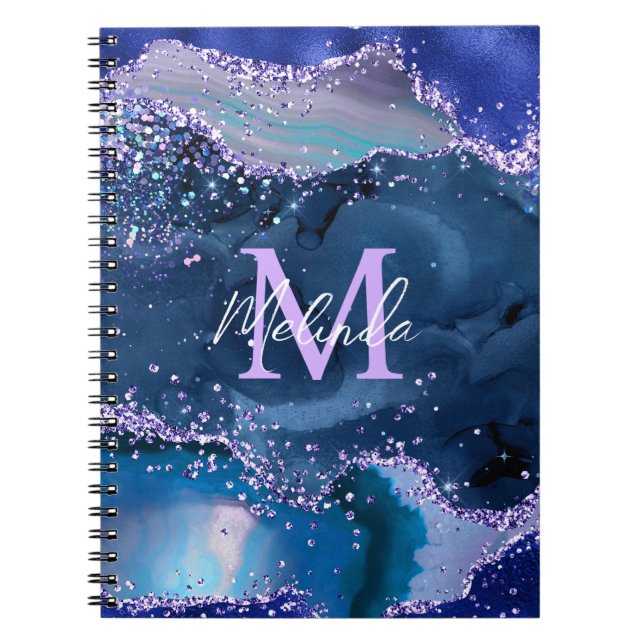 Dark Blue and Purple Glitter Ocean Agate Notebook (Front)