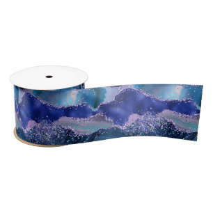 Dark Blue and Purple Glitter Ocean Agate Satin Ribbon