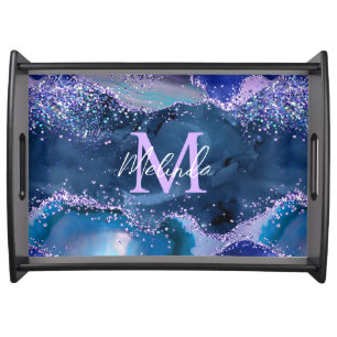 Dark Blue and Purple Glitter Ocean Agate Serving Tray