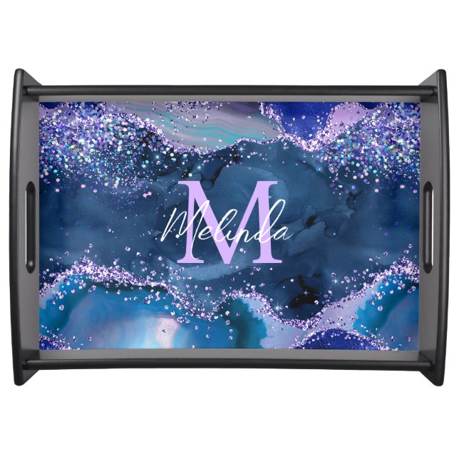 Dark Blue and Purple Glitter Ocean Agate Serving Tray (Front)