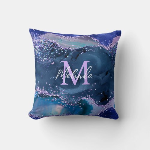 Dark Blue and Purple Glitter Ocean Agate Throw Pillow