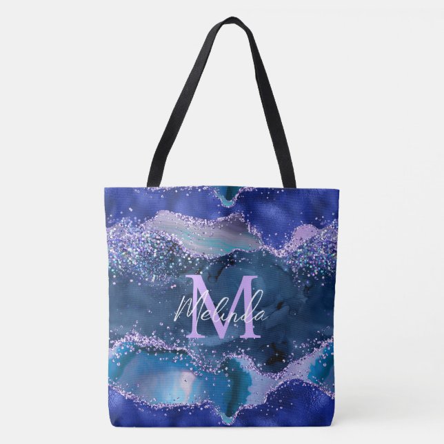 Dark Blue and Purple Glitter Ocean Agate Tote Bag (Front)