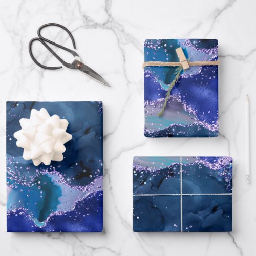 Dark Blue and Purple Glitter Ocean Agate Wrapping Paper Sheets