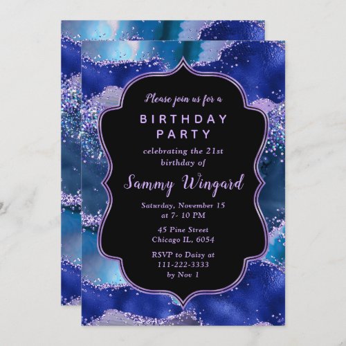Dark Blue and Purple Ocean Agate Birthday Invitation
