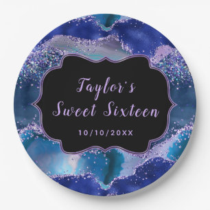 Dark Blue and Purple Ocean Agate Sweet Sixteen Paper Plates