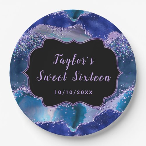 Dark Blue and Purple Ocean Agate Sweet Sixteen Paper Plates