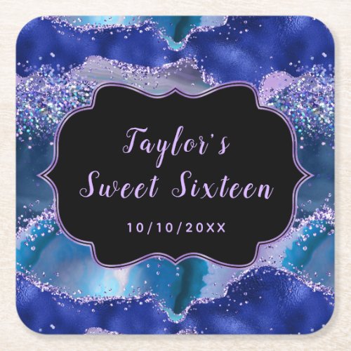 Dark Blue and Purple Ocean Agate Sweet Sixteen Square Paper Coaster