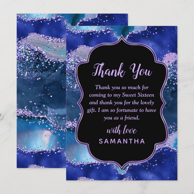 Dark Blue and Purple Ocean Agate Sweet Sixteen Thank You Card (Front/Back)