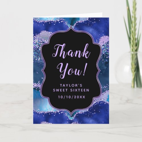 Dark Blue and Purple Ocean Agate Sweet Sixteen Thank You Card