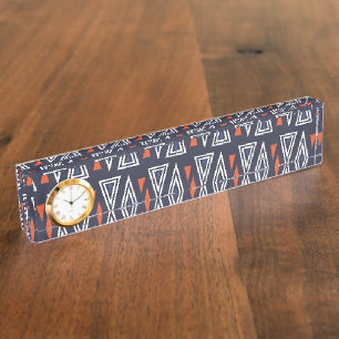 Dark Blue and Red Geometric Triangles Pattern Desk Name Plate