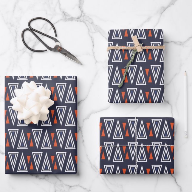 Dark Blue and Red Geometric Triangles Pattern Wrapping Paper Sheets (Front)