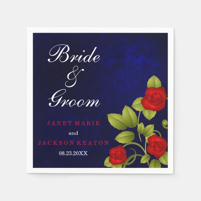 Dark Blue and Red Rose Wedding Paper Napkins (Front)