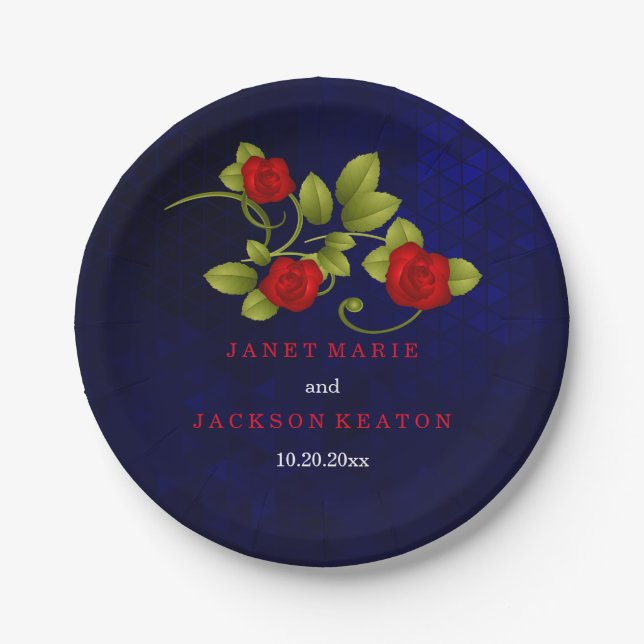 Dark Blue and Red Rose Wedding Paper Plates (Front)
