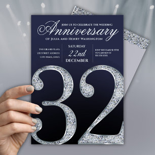 Dark Blue and Silver 32nd Wedding Anniversary Invitation