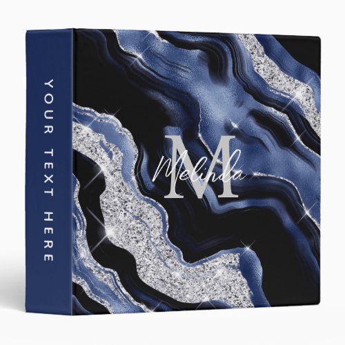 Dark Blue and Silver Abstract Agate 3 Ring Binder