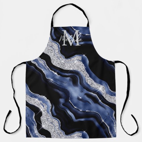 Dark Blue and Silver Abstract Agate Apron