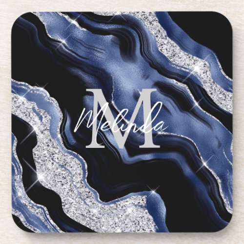 Dark Blue and Silver Abstract Agate Beverage Coaster