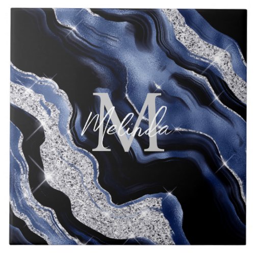 Dark Blue and Silver Abstract Agate Ceramic Tile