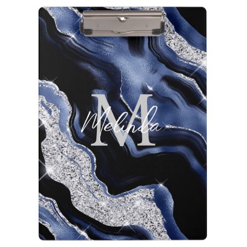 Dark Blue and Silver Abstract Agate Clipboard
