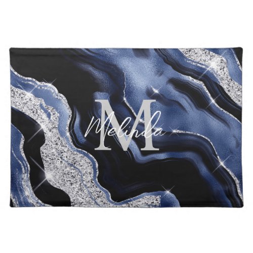 Dark Blue and Silver Abstract Agate Cloth Placemat