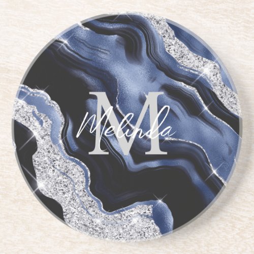 Dark Blue and Silver Abstract Agate Coaster