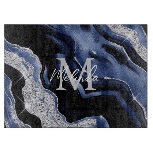Dark Blue and Silver Abstract Agate Cutting Board