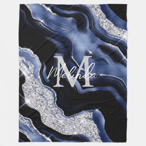 Dark Blue and Silver Abstract Agate Fleece Blanket