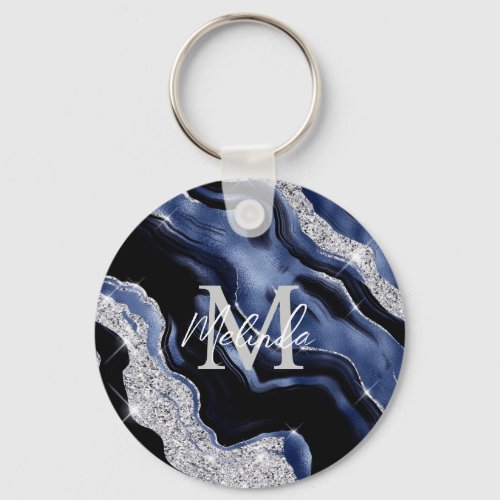 Dark Blue and Silver Abstract Agate Keychain