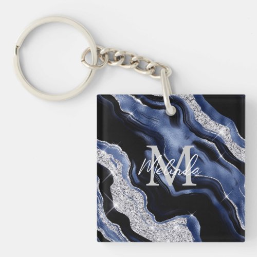 Dark Blue and Silver Abstract Agate Keychain