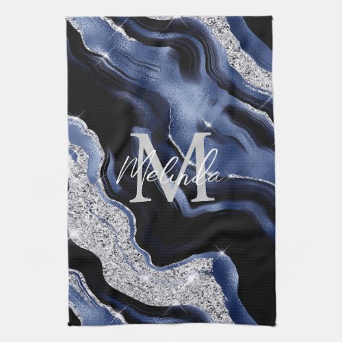 Dark Blue and Silver Abstract Agate Kitchen Towel
