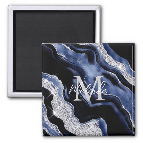 Dark Blue and Silver Abstract Agate Magnet