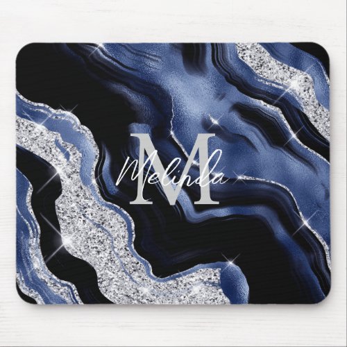 Dark Blue and Silver Abstract Agate Mouse Pad