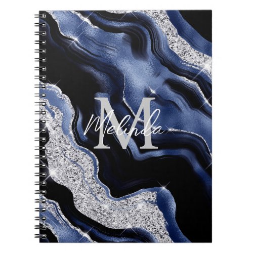 Dark Blue and Silver Abstract Agate Notebook