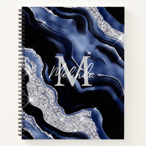 Dark Blue and Silver Abstract Agate Notebook